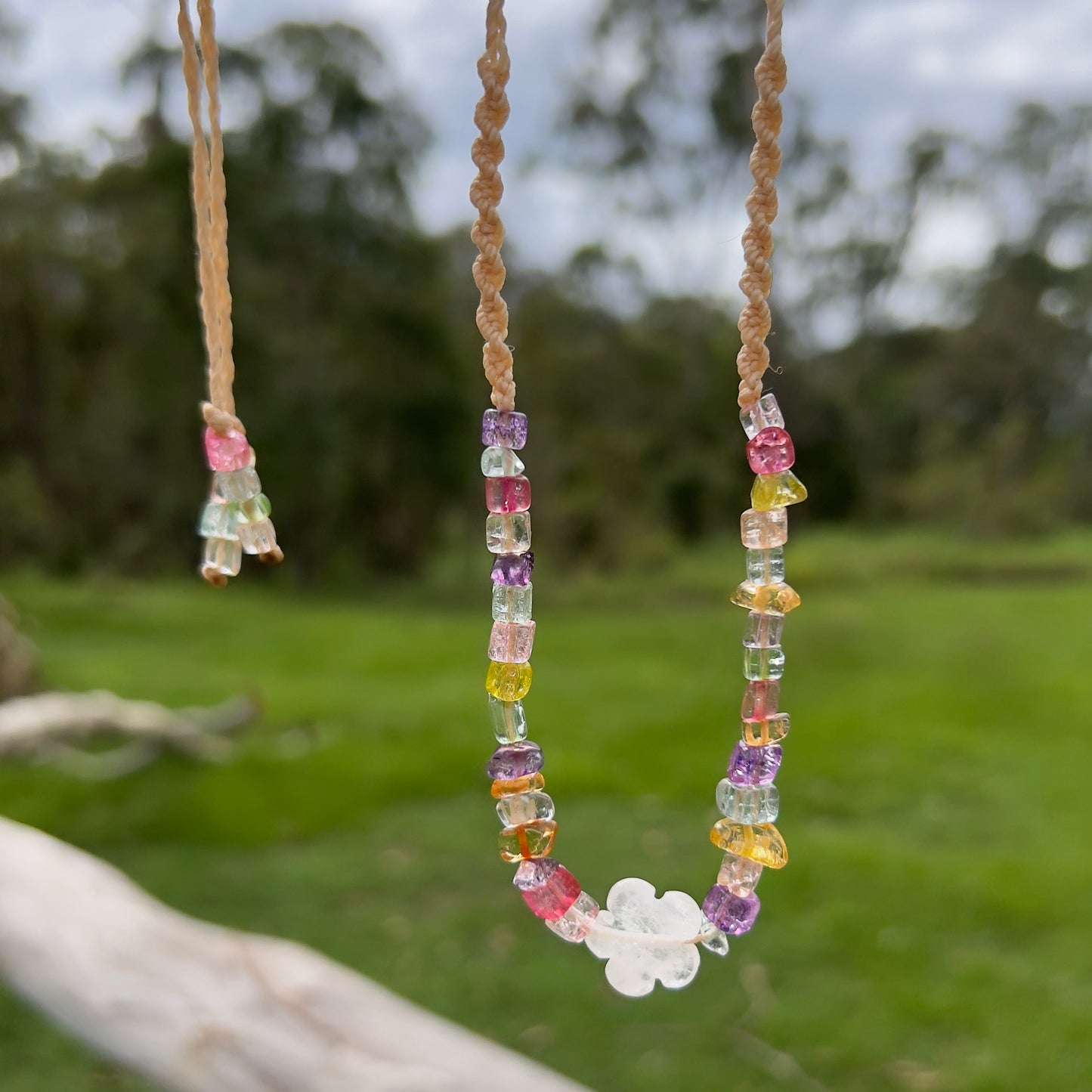 Clear Quartz with Vibrant Dyed Quartz Daisy Chain Macrame Necklace