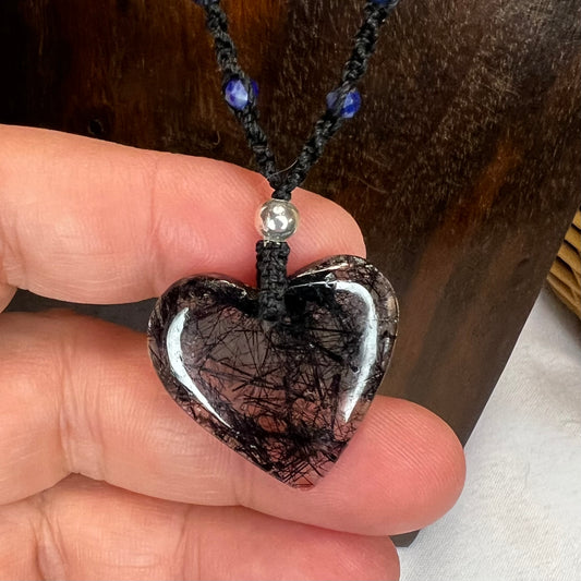 Tourmaline included Quartz Heart with Lapis Lazuli Crystal Macrame Necklace