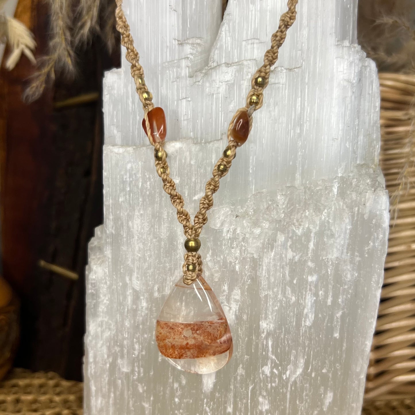 Fire Quartz with Brass Crystal Necklace - Hematoid Quartz