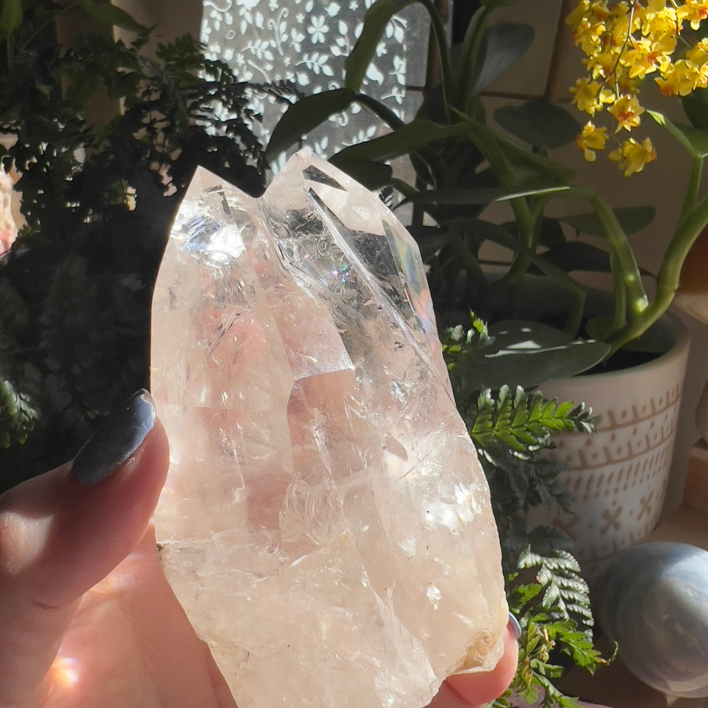 Pink Lemurian Tantric Twin Quartz in Wood Display (Brazil)