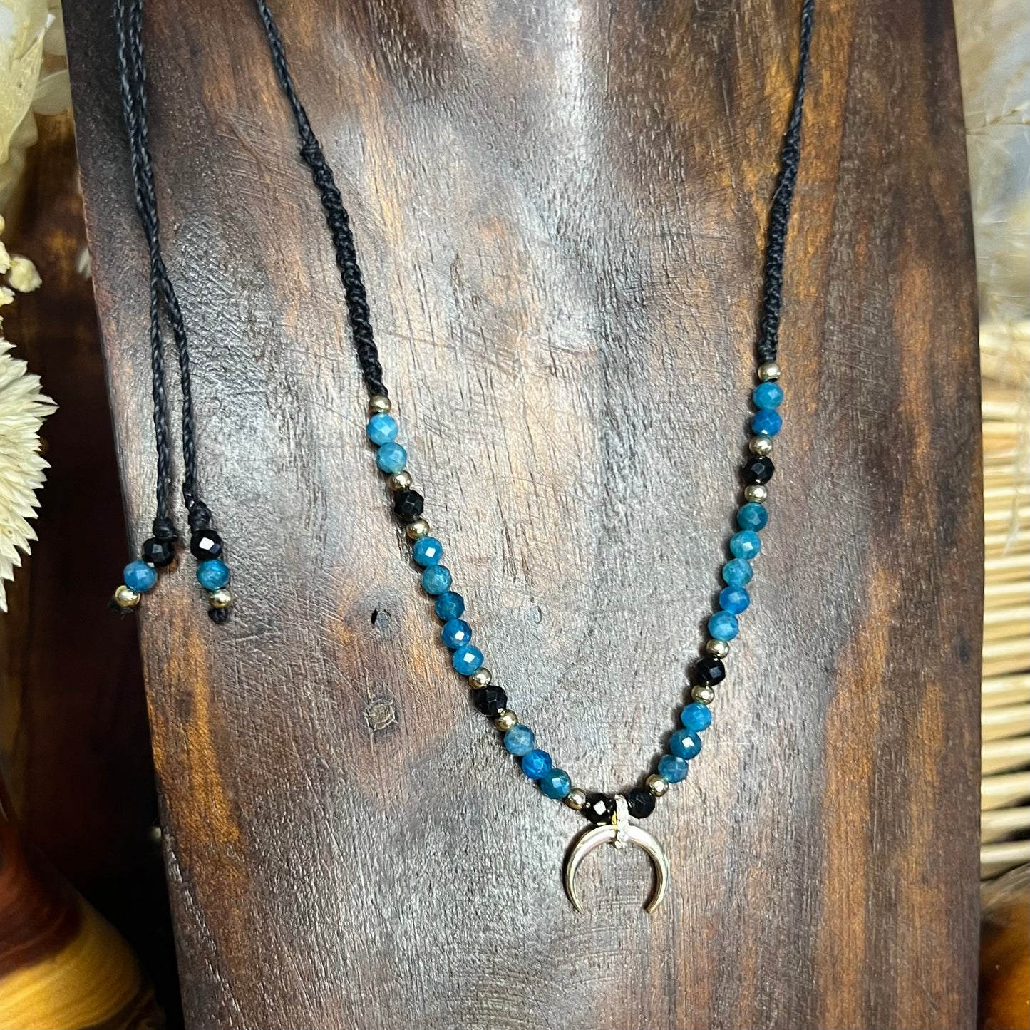 Gold CZ Crescent Horn with Faceted Apatite and Spinel Crystal Necklace