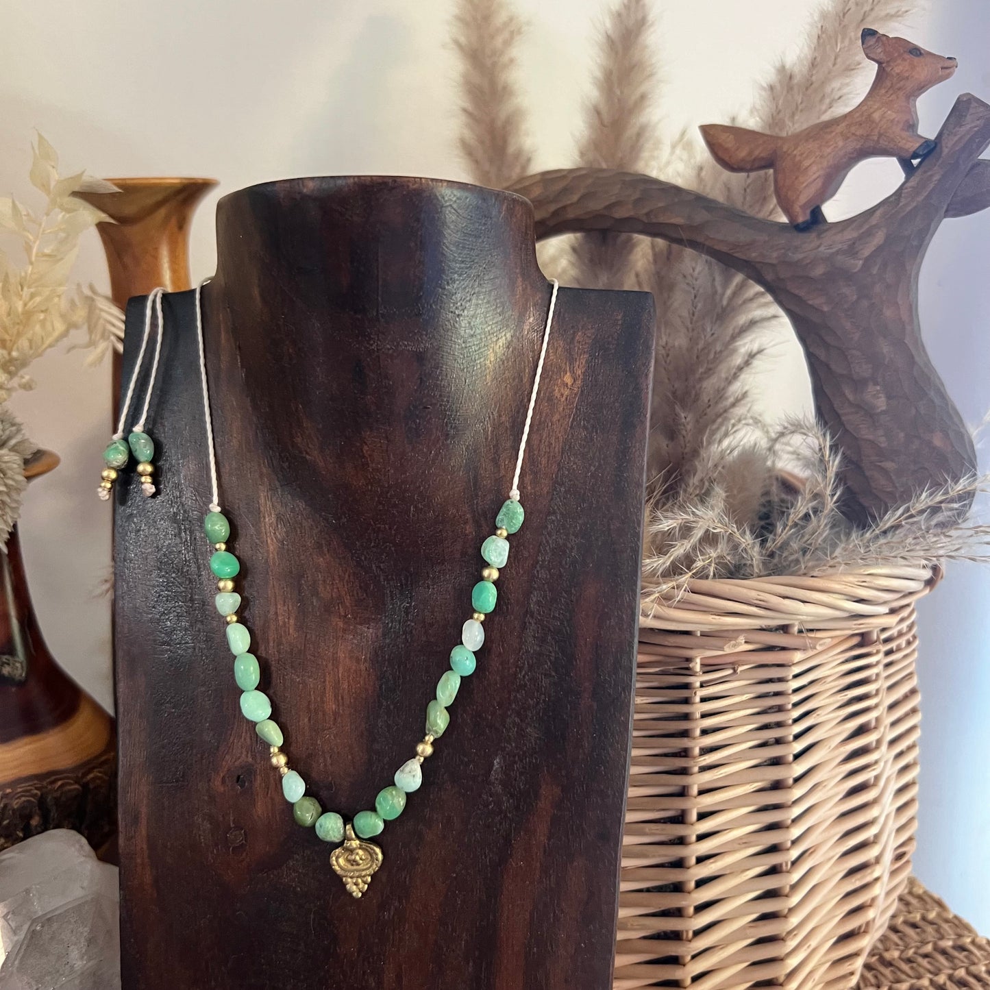 Chrysoprase with Brass Crystal Layer Necklace