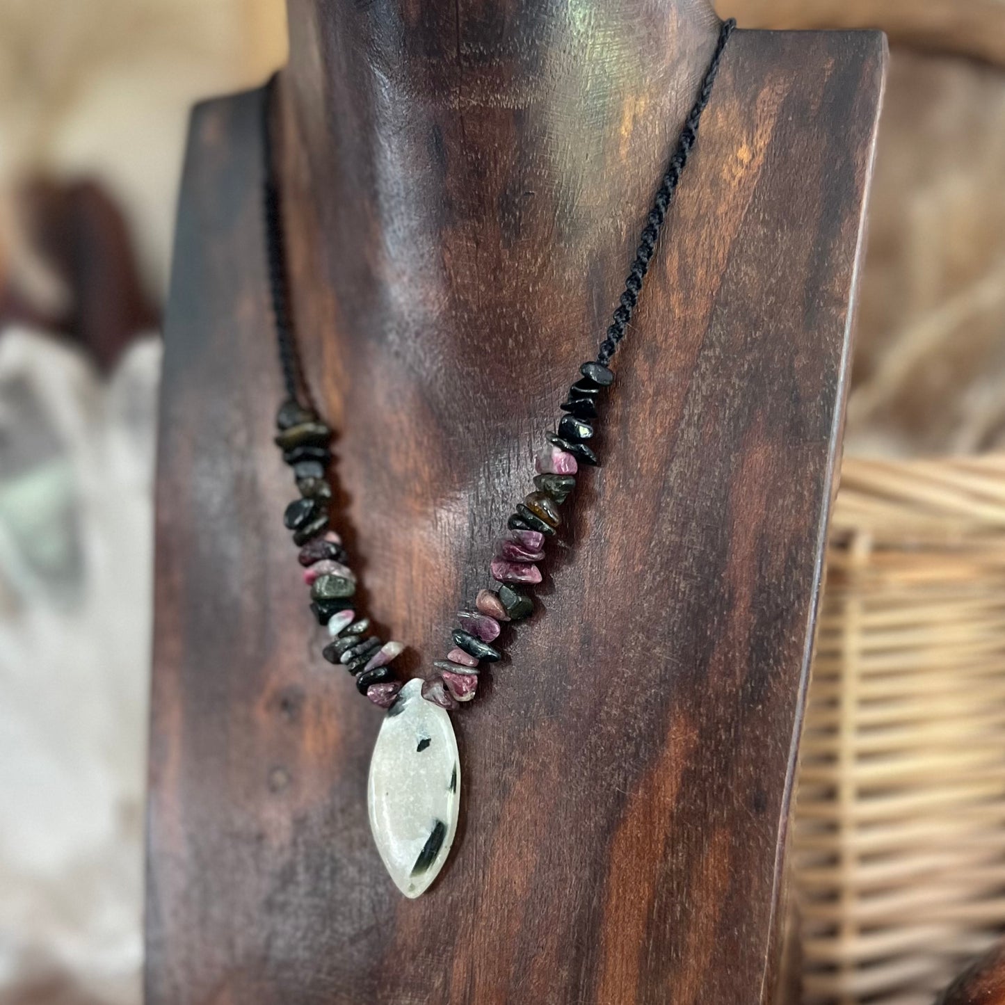 Verdelite in Quartz with Schorl & Rubellite Crystal Macrame Necklace
