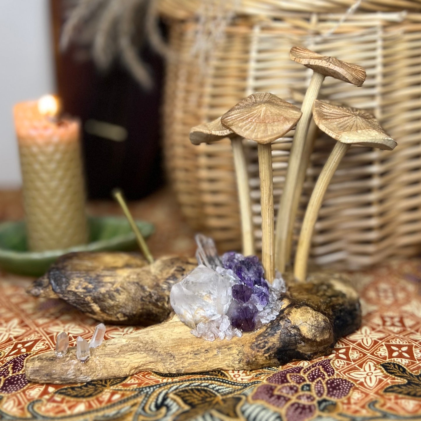 Bespoke Crystal & Wooden Burl Mushroom Incense Stick Holder - Amethyst | Quartz | Rose Quartz