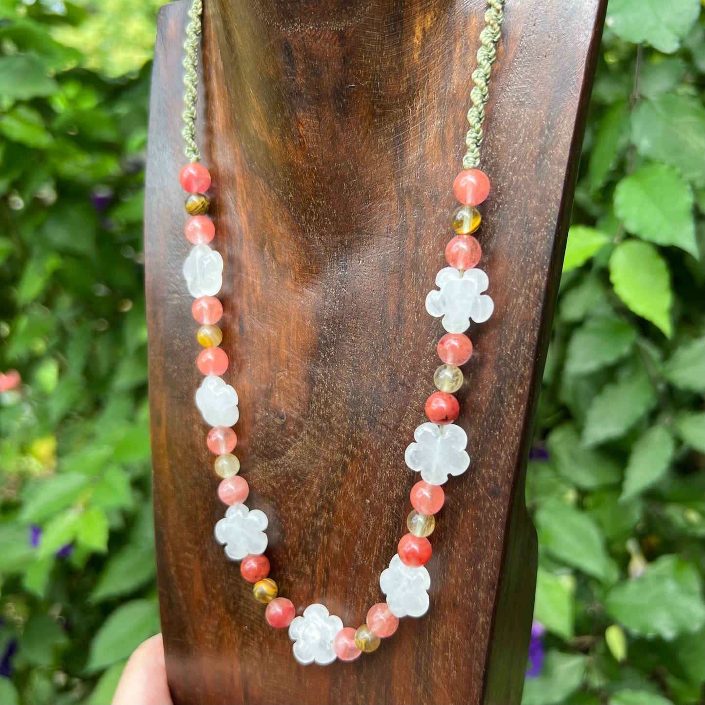 Daisy Chain Macrame Necklace with Clear Quartz, Strawberry Quartz, Indian Agate