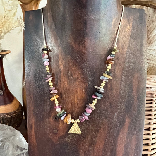 Multi Tourmaline with Brass charm Crystal Necklace