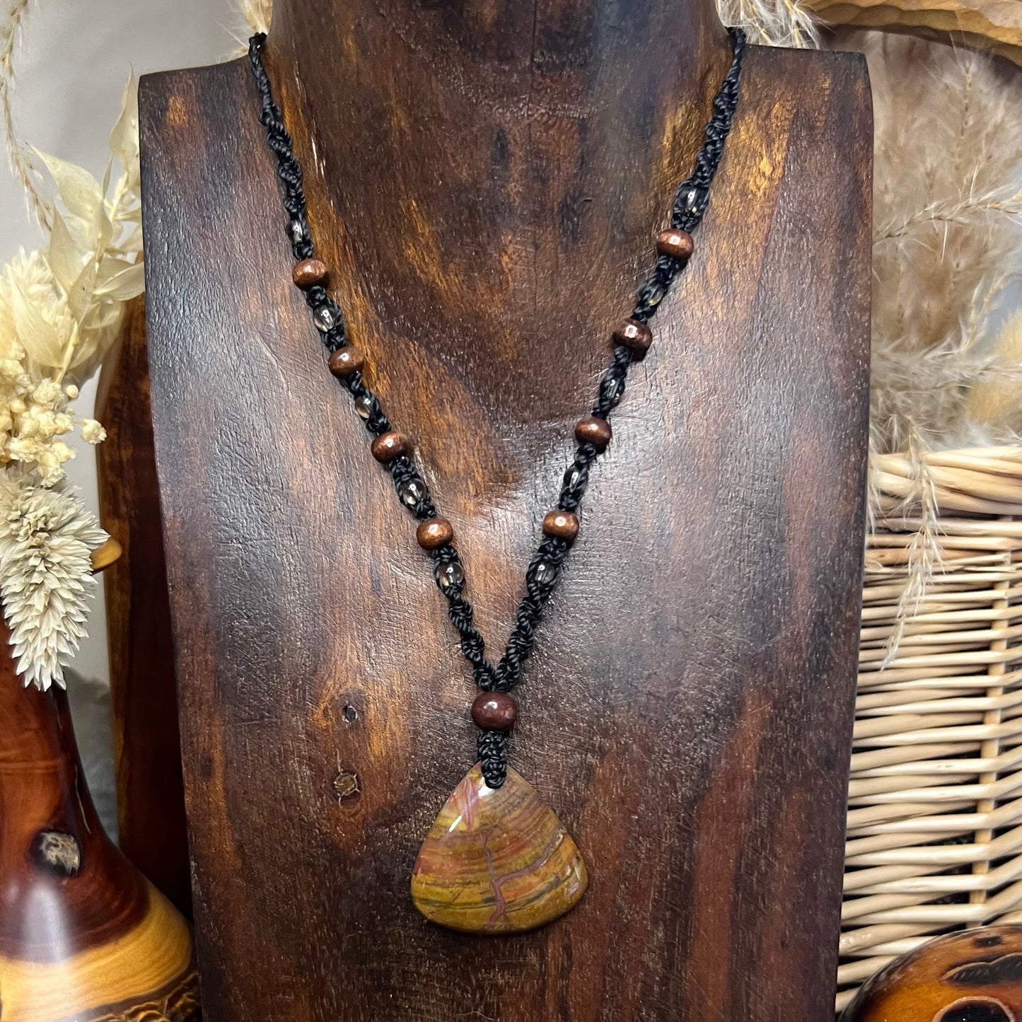 Fossilised Wood with wood & Smoky Quartz Crystal Necklace