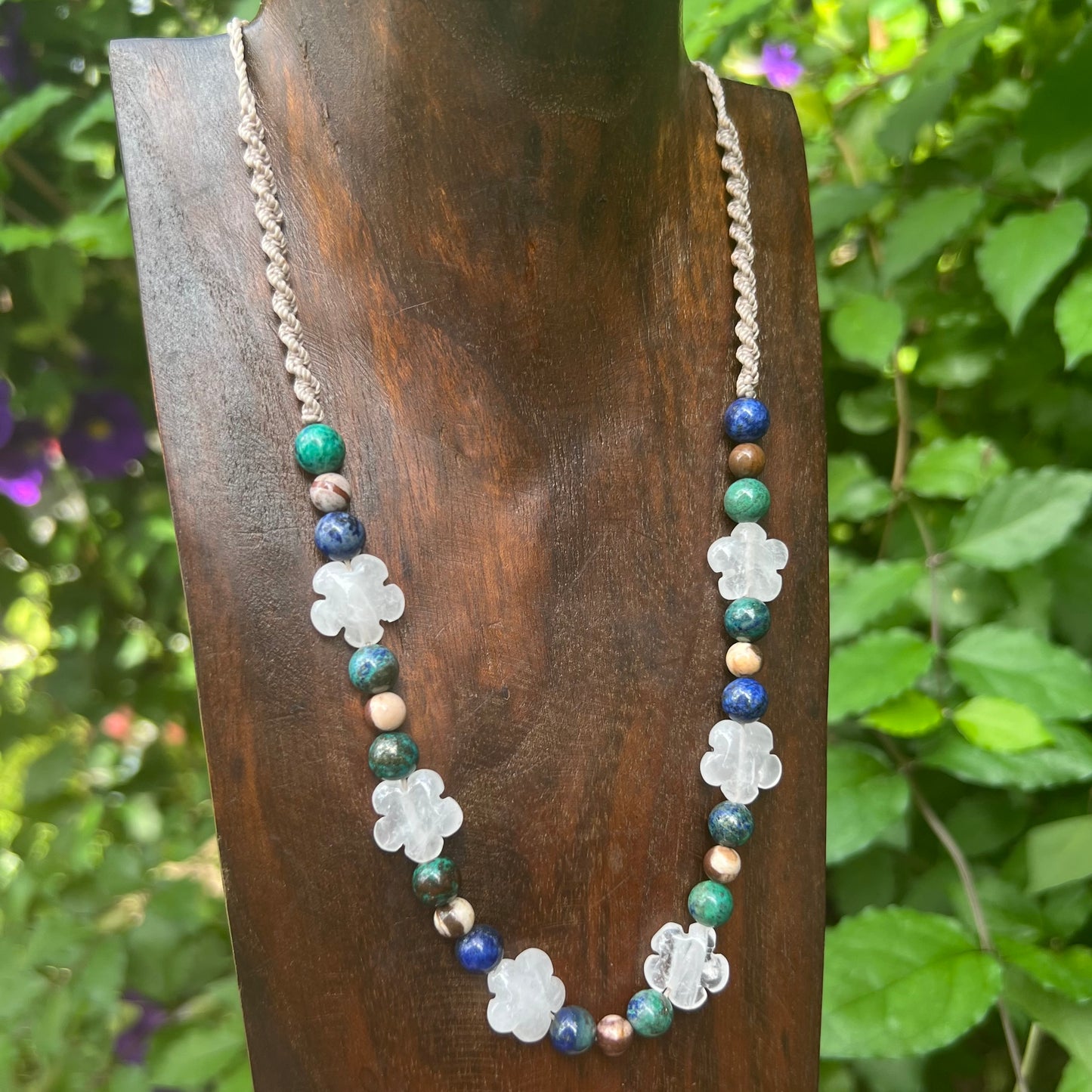 Crystal Daisy Chain Macrame Necklace - Clear Quartz, Chrysocolla and Zebra Jasper