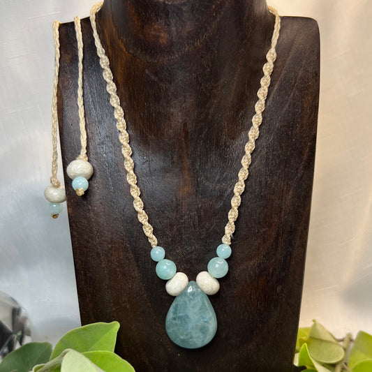 Aquamarine and Fossil Bone Macrame Crystal Necklace