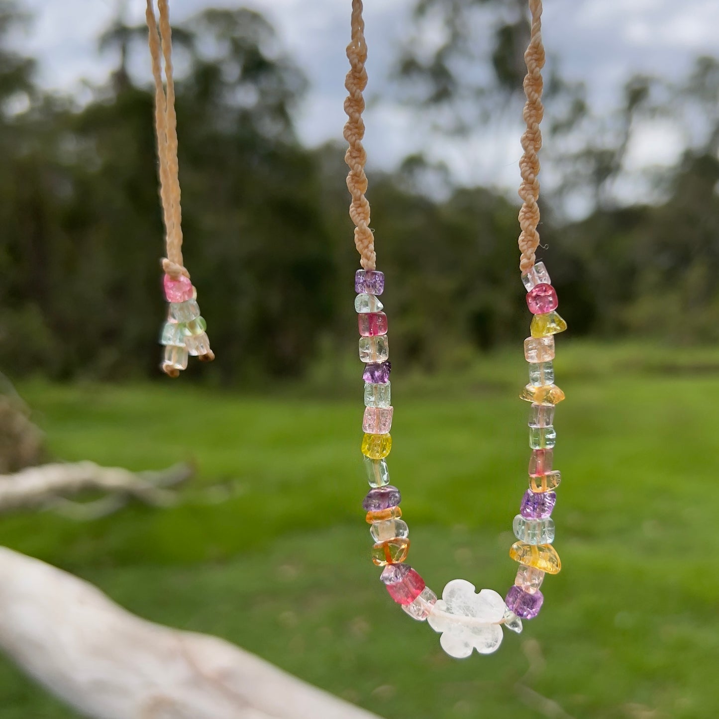Clear Quartz with Vibrant Dyed Quartz Daisy Chain Macrame Necklace