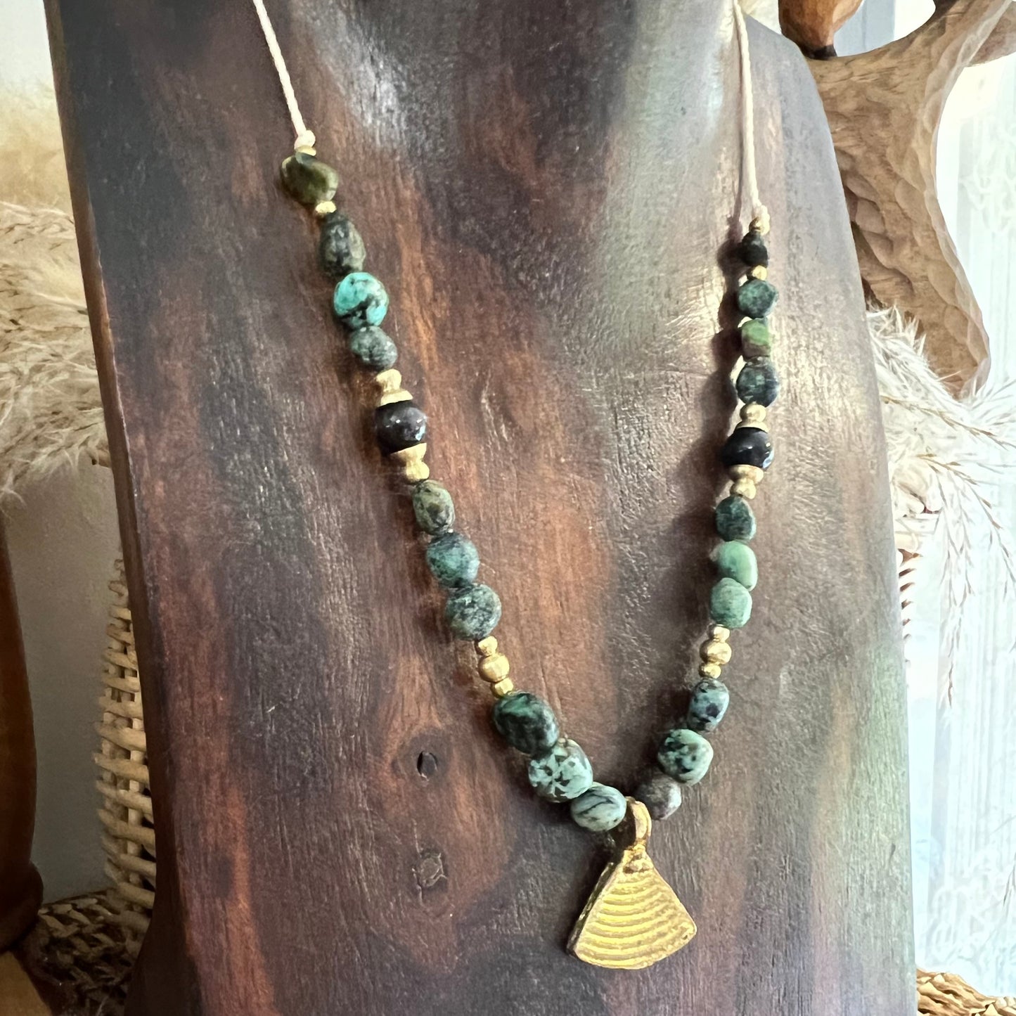 Chinese Turquoise with Brass charm Crystal Necklace