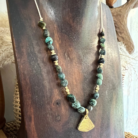 Chinese Turquoise with Brass charm Crystal Necklace