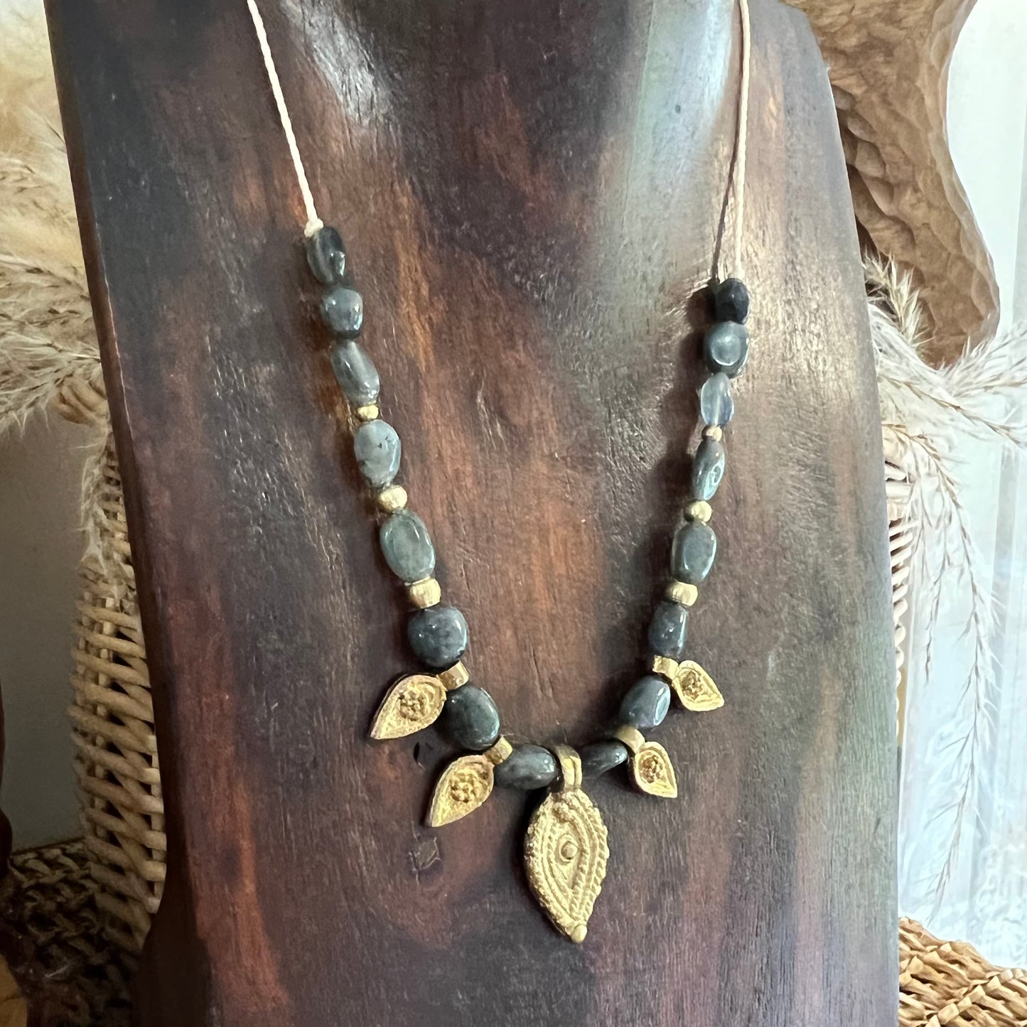 Labradorite with Brass charm Crystal Necklace
