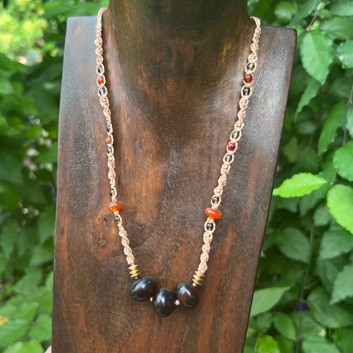 Indonesian Blue Amber with Carnelian and Smoky Quartz Macrame Necklace
