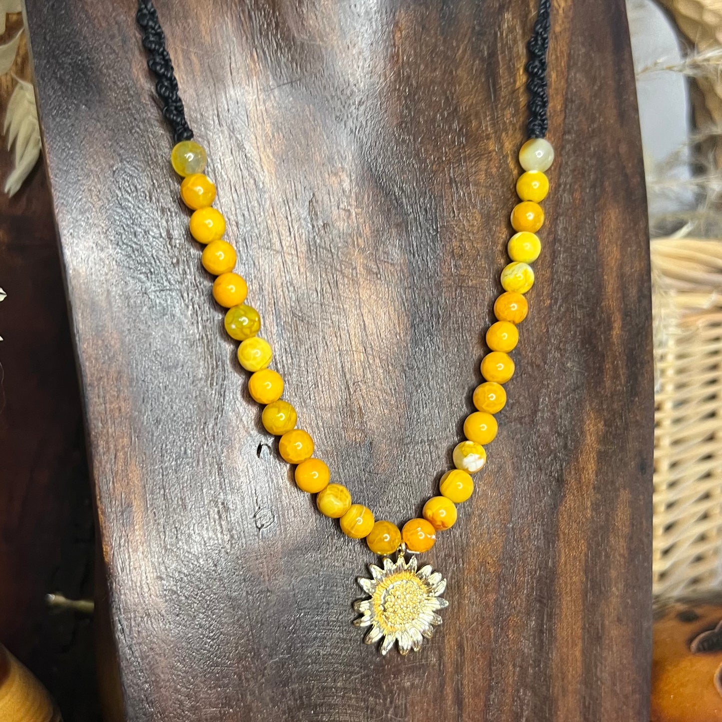 Gold Plated Sunflower Pendant with Agate Crystal Necklace