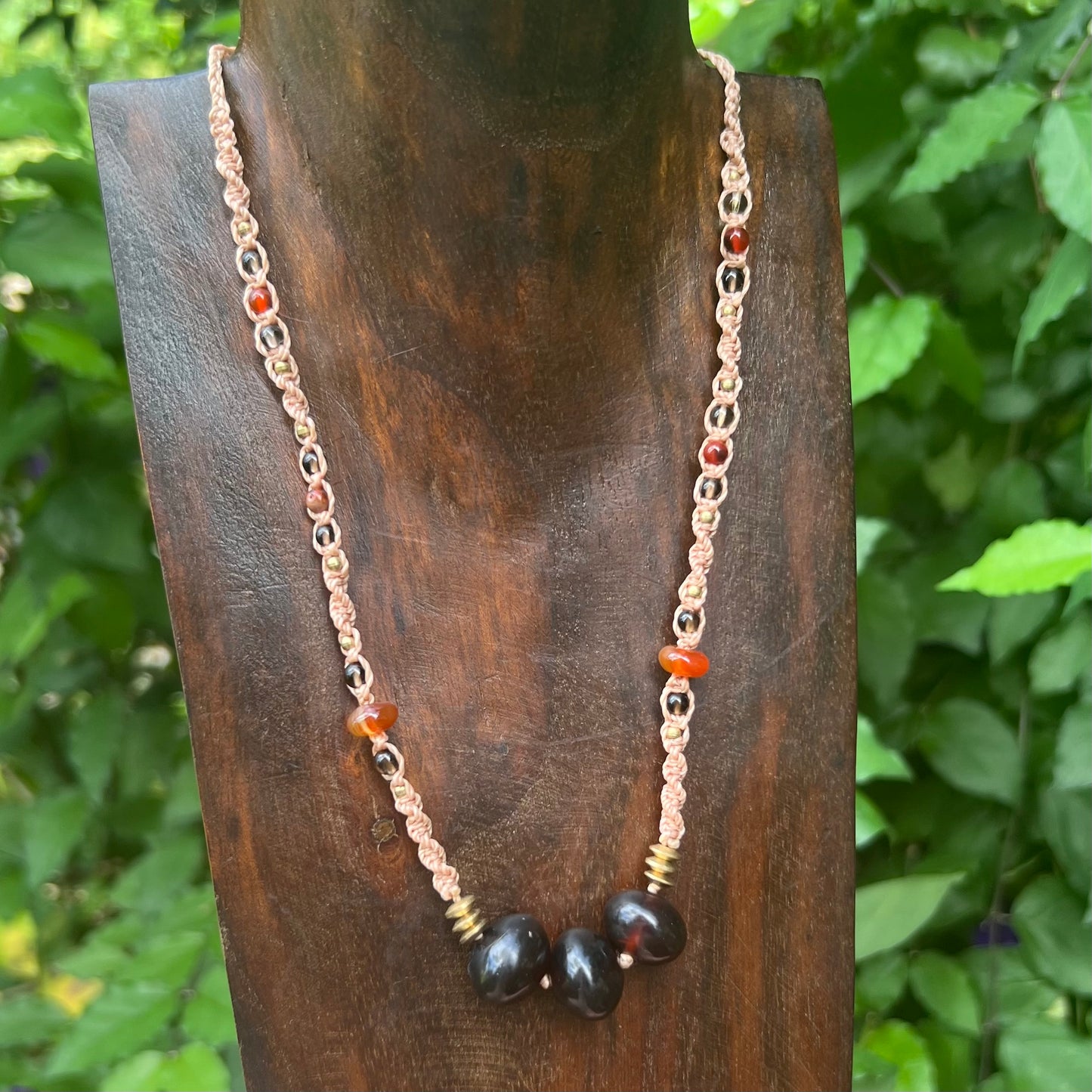 Indonesian Blue Amber with Carnelian and Smoky Quartz Macrame Necklace