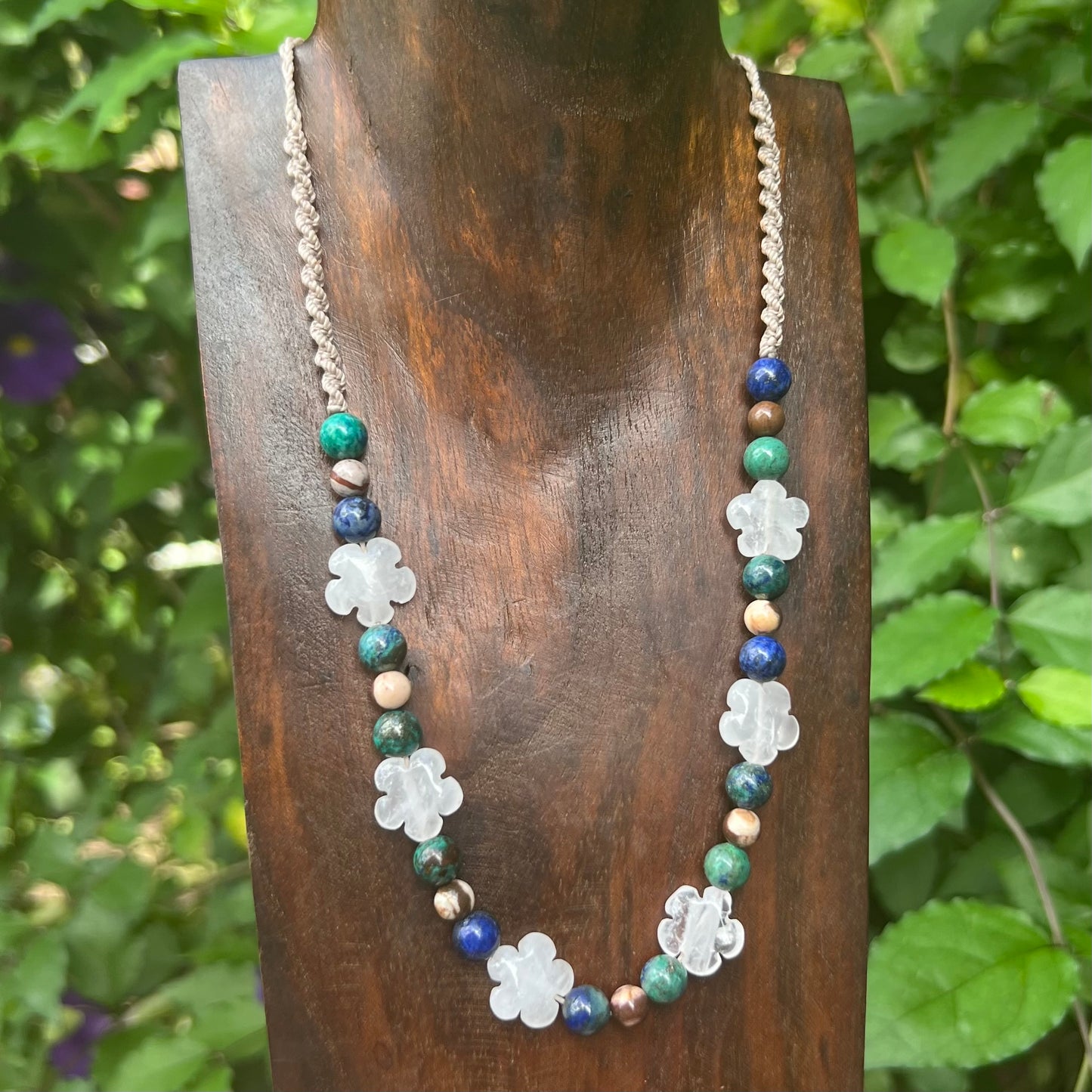 Crystal Daisy Chain Macrame Necklace - Clear Quartz, Chrysocolla and Zebra Jasper