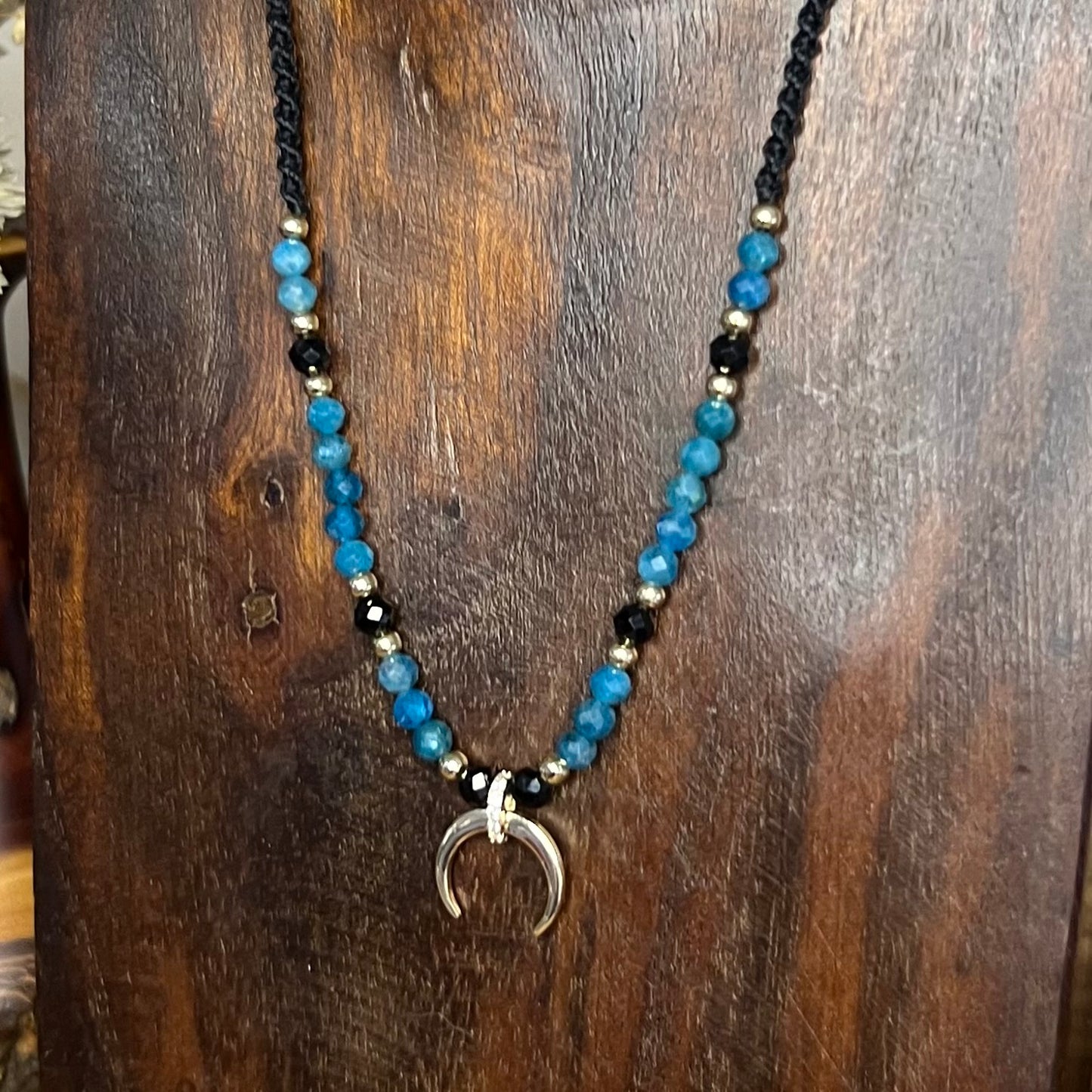Gold CZ Crescent Horn with Faceted Apatite and Spinel Crystal Necklace