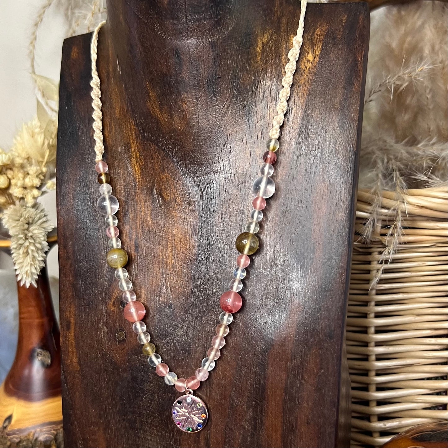Rose Gold Celestial Star Wheel Charm with Fire Cherry Quartz Crystal Necklace