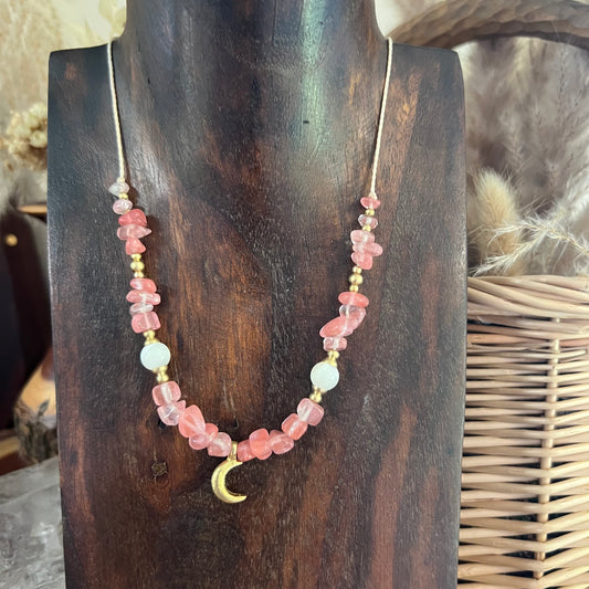 Strawberry Quartz & Mother of Pearl with Brass charm Crystal Necklace