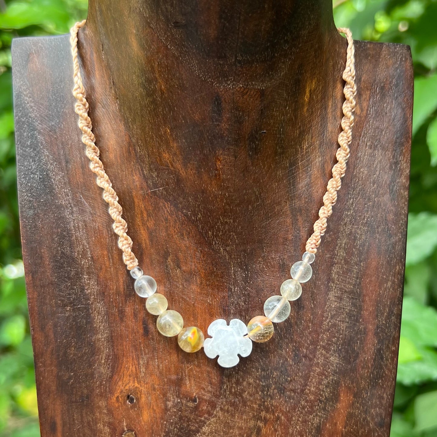 Clear Quartz Daisy Macrame Necklace with Indian Agate