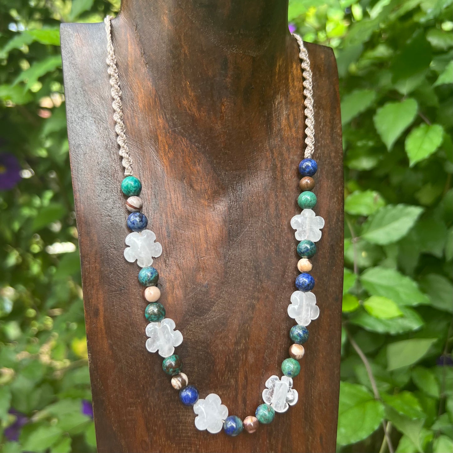 Crystal Daisy Chain Macrame Necklace - Clear Quartz, Chrysocolla and Zebra Jasper