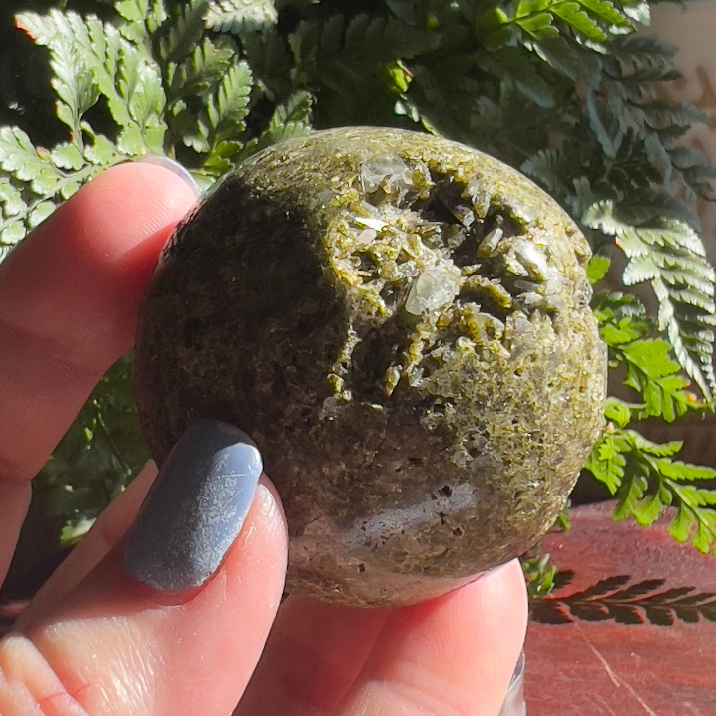 Natural Epidote Sphere with druzy section