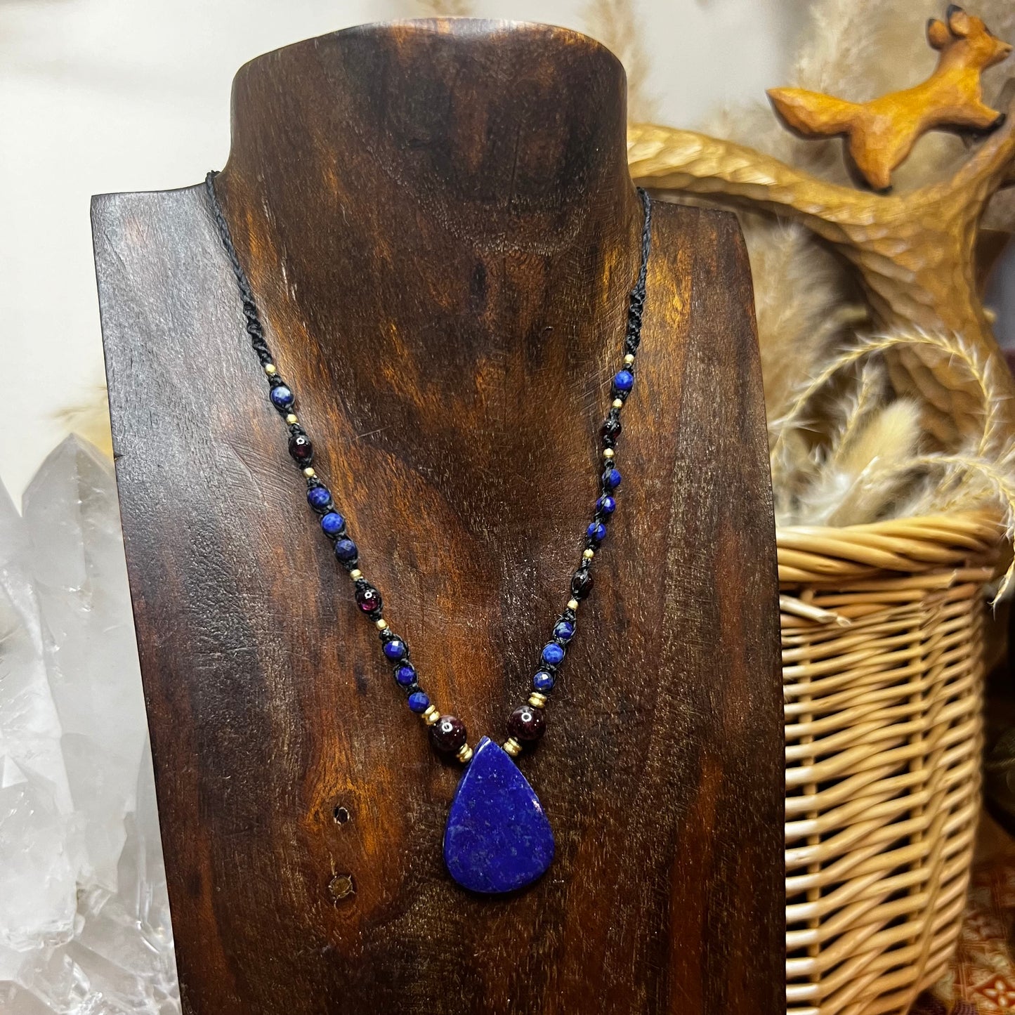 Lapis Lazuli, Garnet & Brass Crystal Macrame Necklace