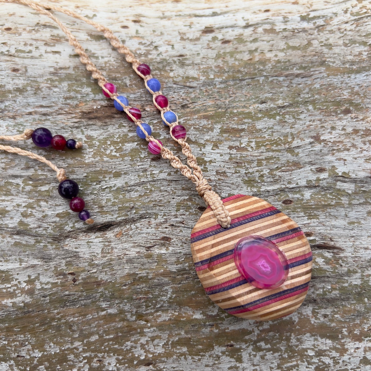 Handmade, unique recycled skateboard pendant with embedded Dyed Agate Druzy Cabochone on an adjustable macrame necklace cord woven with Dyed Agate beading