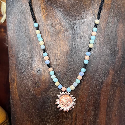 Alashan Agate with Rose Gold Sunflower pendant adjustable macrame Crystal Necklace