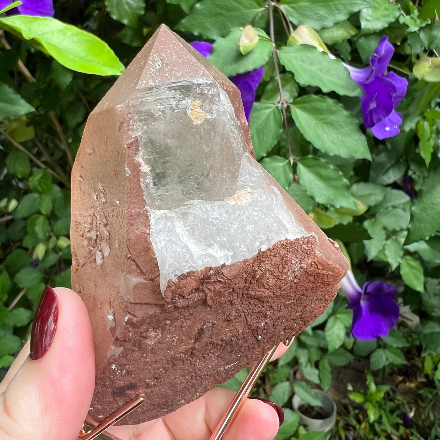 Red Hematoid Quartz Point Specimen - A super chunky self-healed double-terminated point on rose gold stand