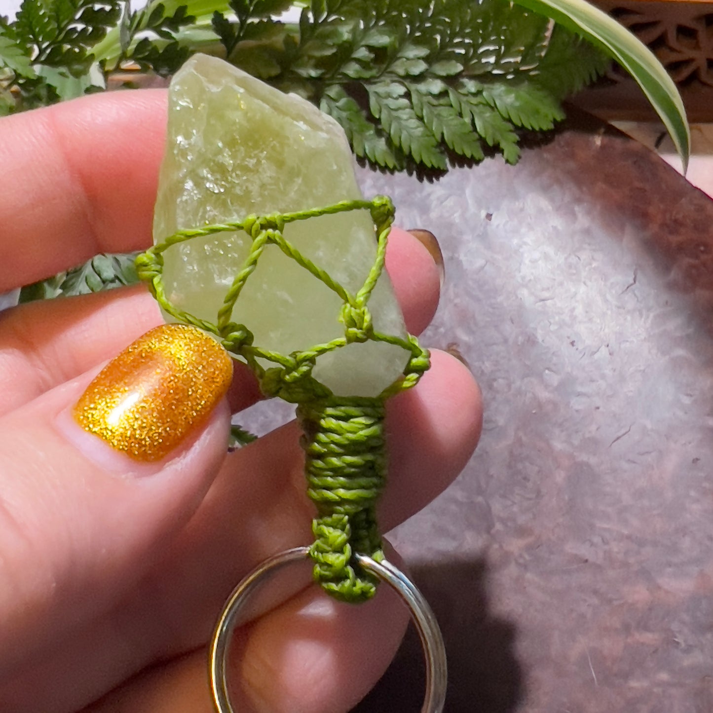 Green Calcite Crystal Macrame Keyring Charm | Meditation Support ∙ Forgiveness ∙ Emotional Healing
