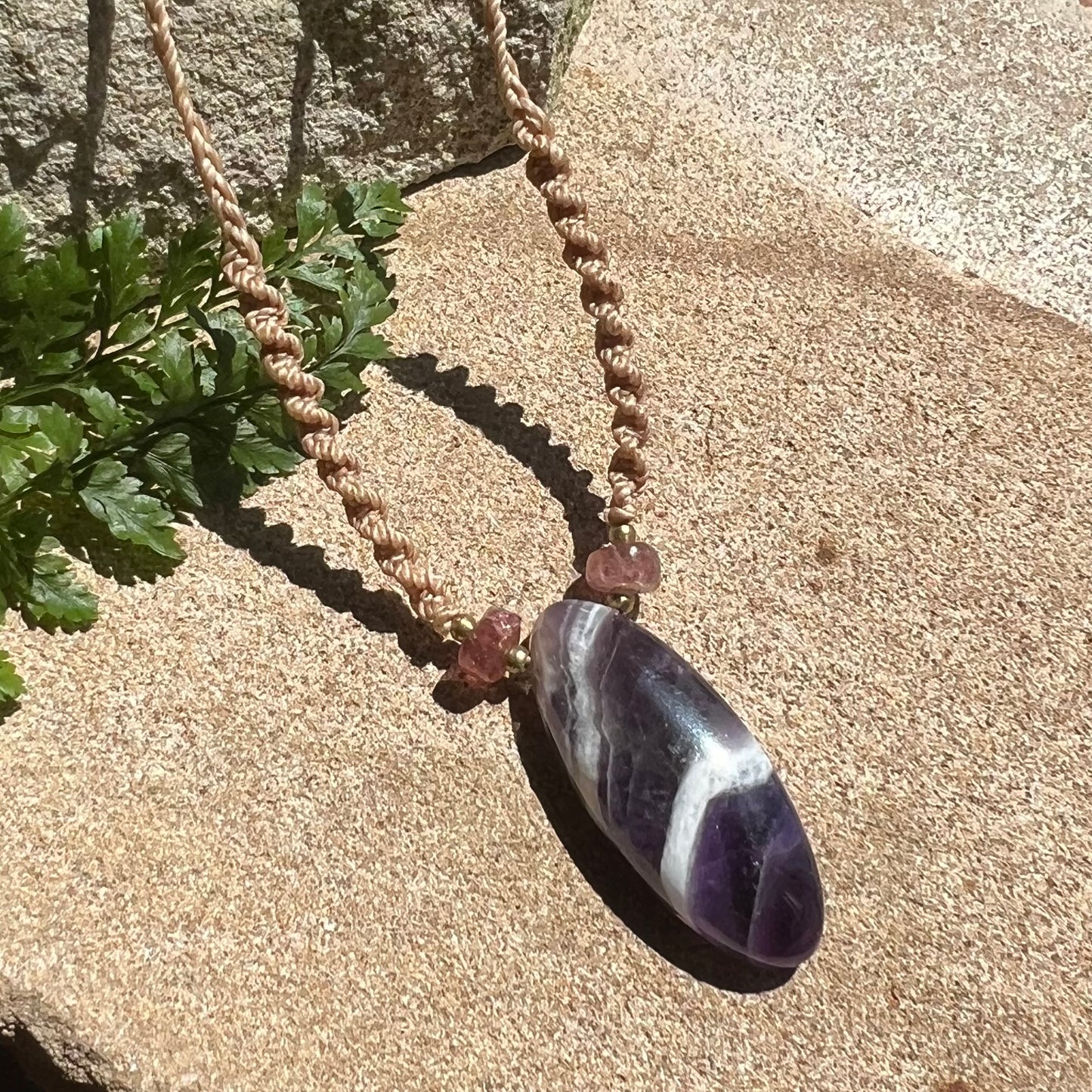 Amethyst with Strawberry Quartz Macrame Crystal Necklace