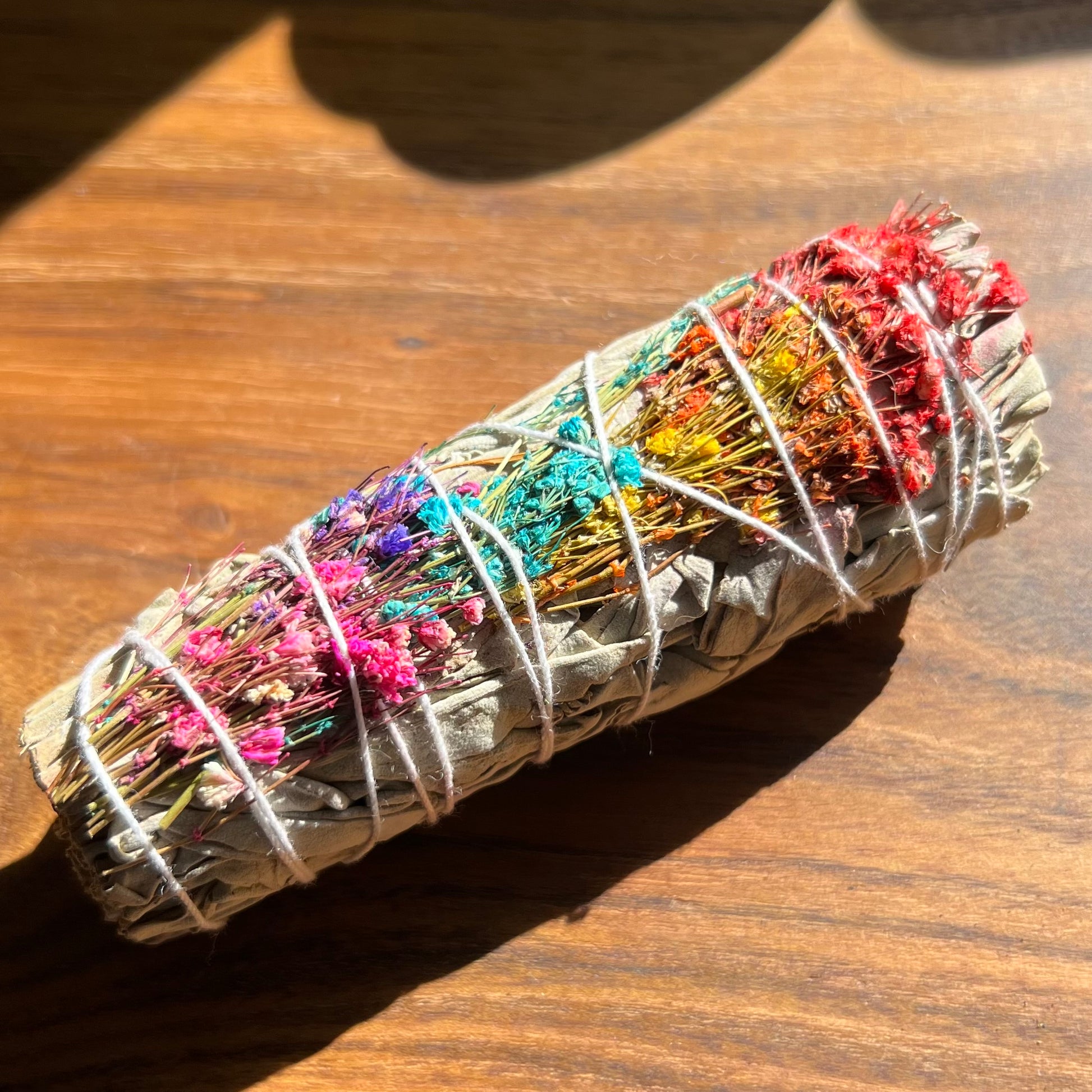 White Sage Smoke Stick with Sunshine Confetti Spring flowers.