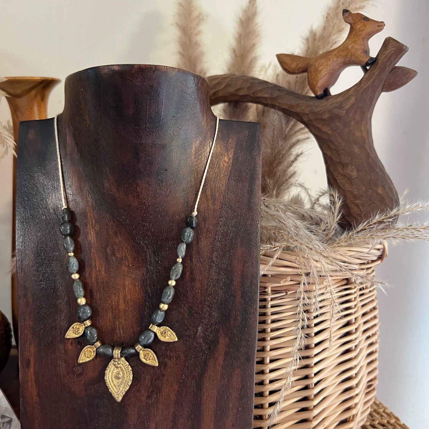 Labradorite with Brass charm Crystal Necklace