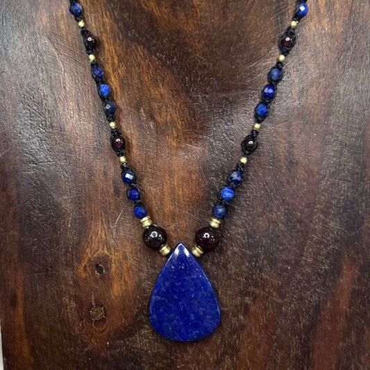 Lapis Lazuli, Garnet & Brass Crystal Macrame Necklace