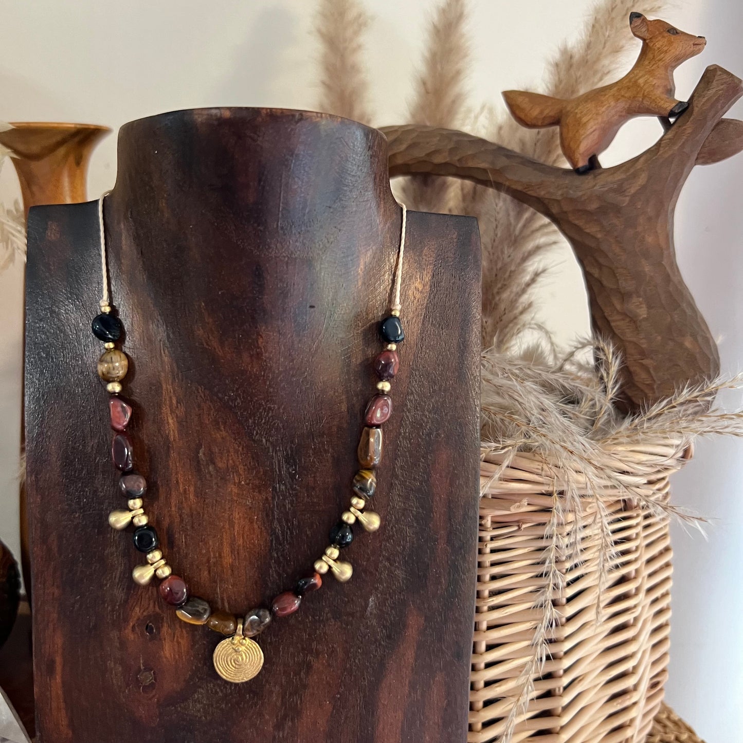 Tigers Eye and Brass charm Crystal Layer Necklace