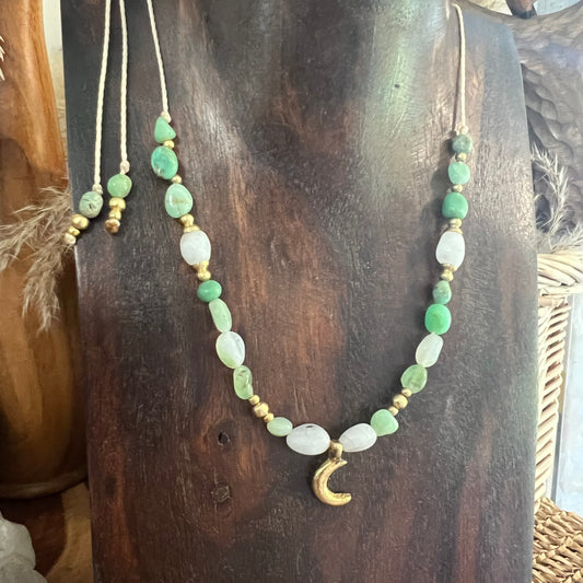 Chrysoprase with Rainbow Moonstone and Brass charm Crystal Necklace