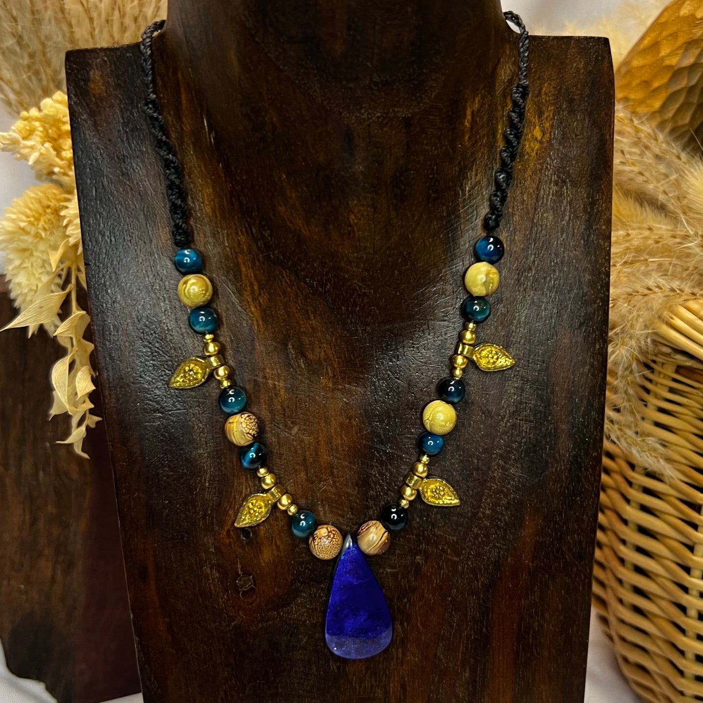Lapis Lazuli, Tiger Eye, Brass & Wood Crystal Macrame Necklace