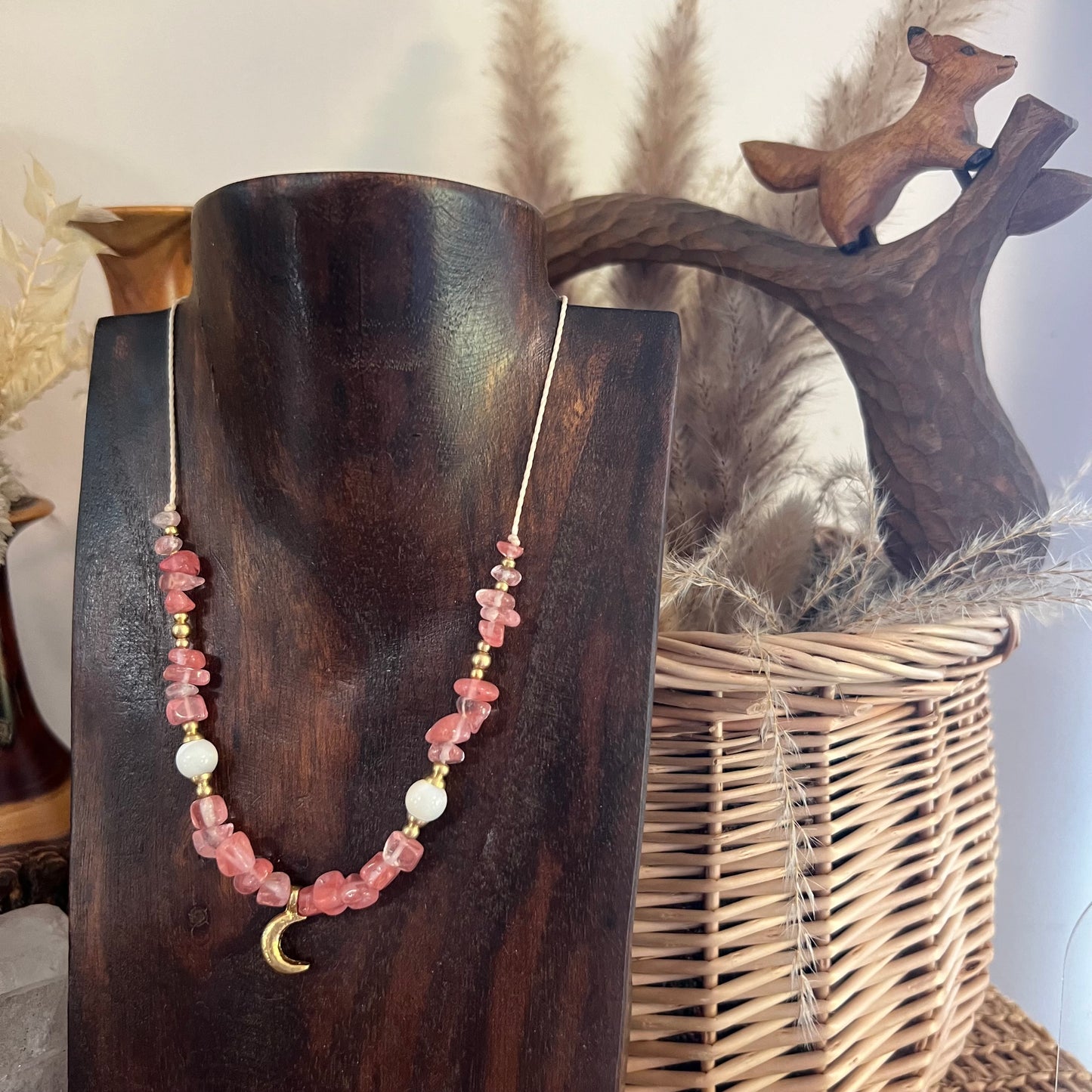 Strawberry Quartz & Mother of Pearl with Brass charm Crystal Necklace