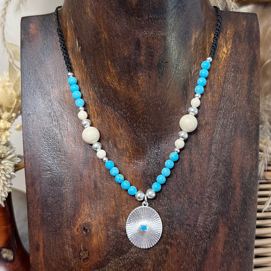 Silver plated Boho pendant with CZ Crystal Vibrant Blue Howlite & Natural Riverstone adjustable macrame Necklace