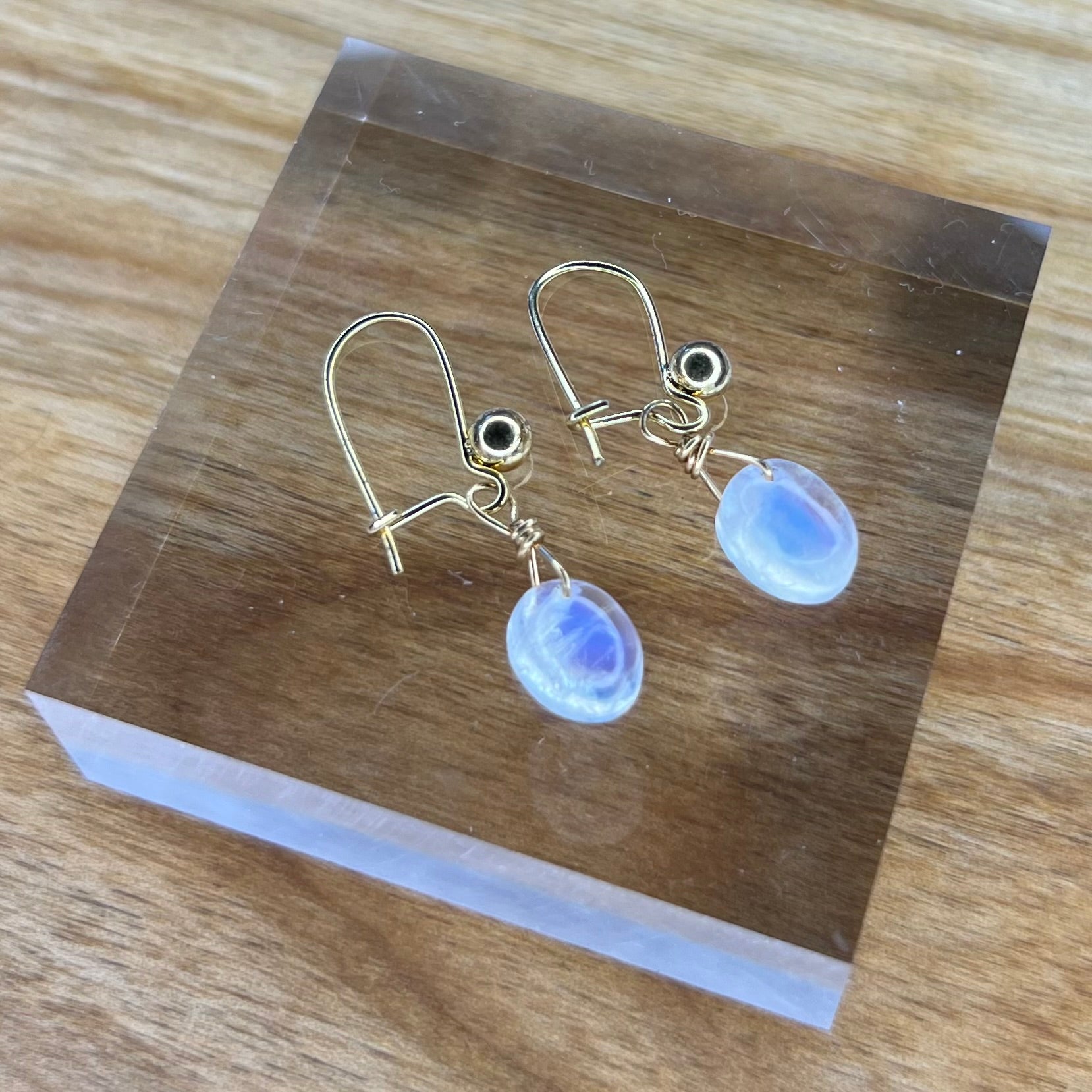 High quality blue flash moonstone earrings on gold tone hooks -  New Beginnings ∙ Spiritual Insight ∙ Feminine Energy