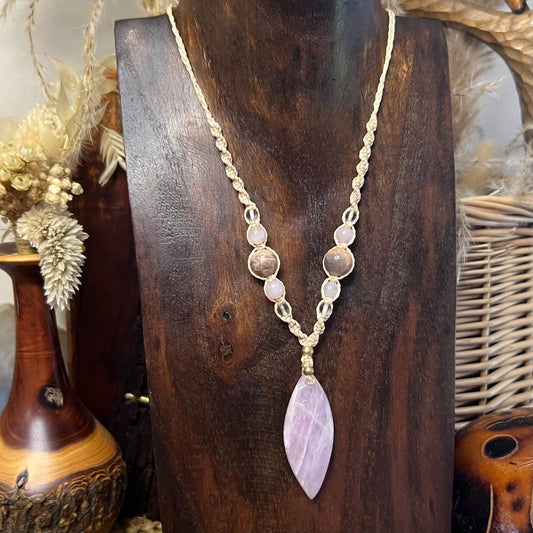 Handwoven crystal macrame talisman necklace with Kunzite pendant, Sunstone, Rose Quartz & Quartz Crystal Necklace