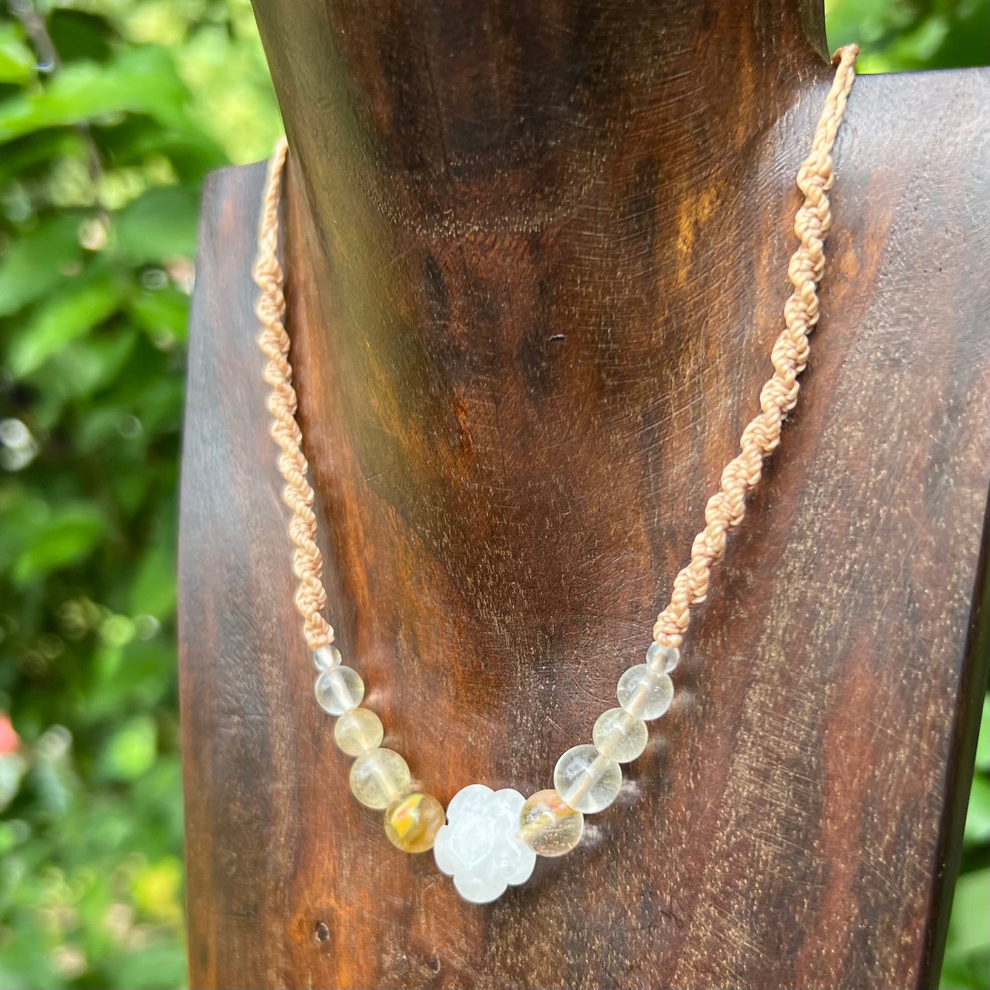 Clear Quartz Daisy Macrame Necklace with Indian Agate