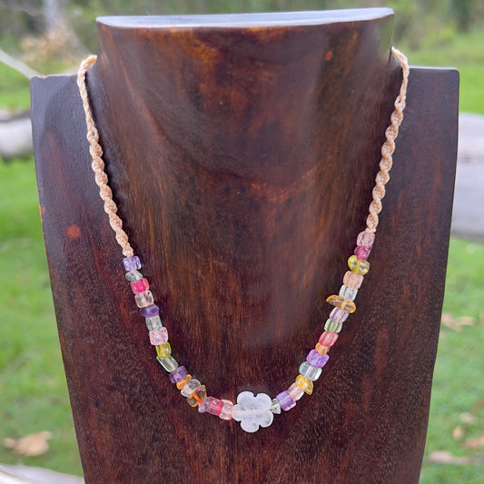 Clear Quartz with Vibrant Dyed Quartz Daisy Chain Macrame Necklace