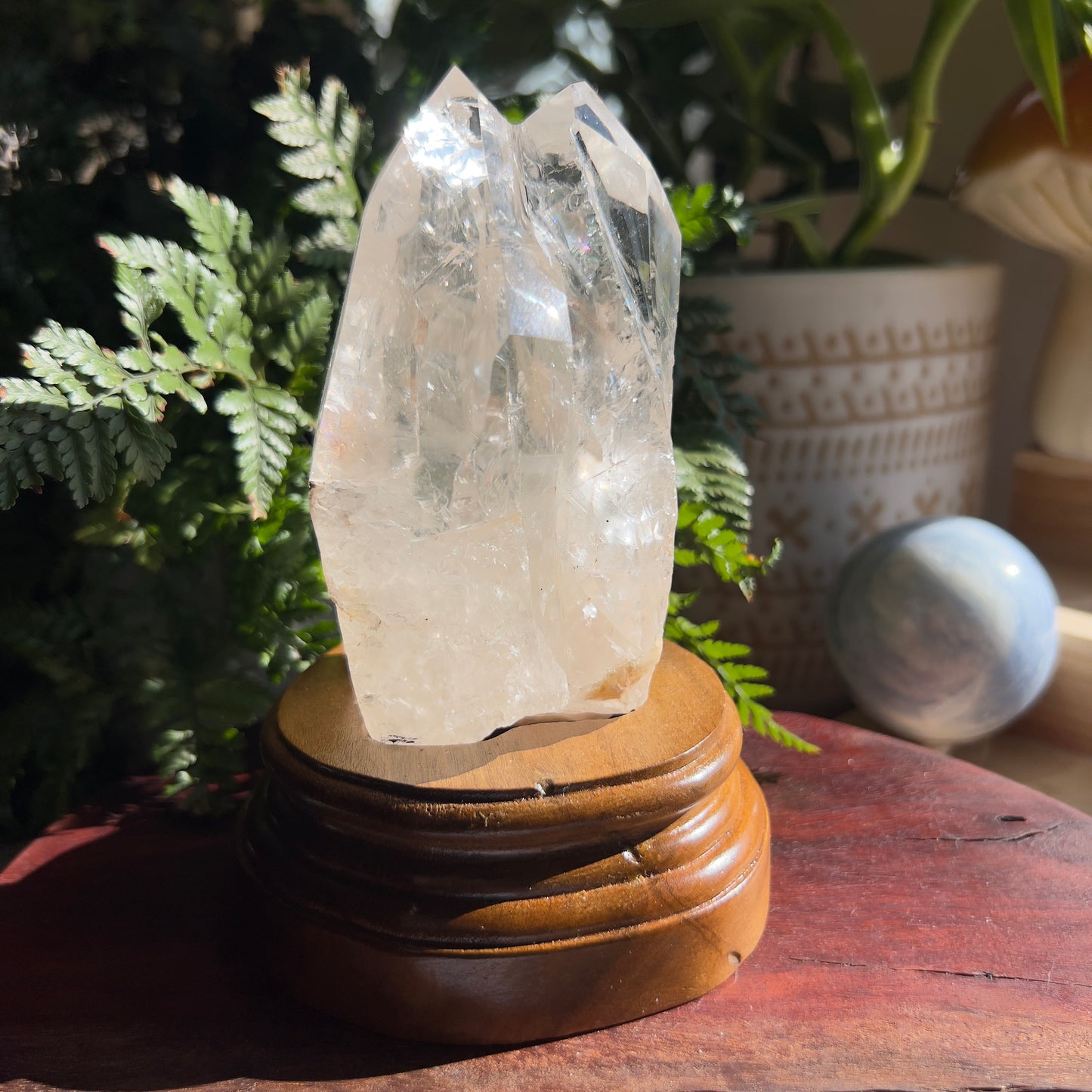 Pink Lemurian Tantric Twin Quartz in Wood Display (Brazil)