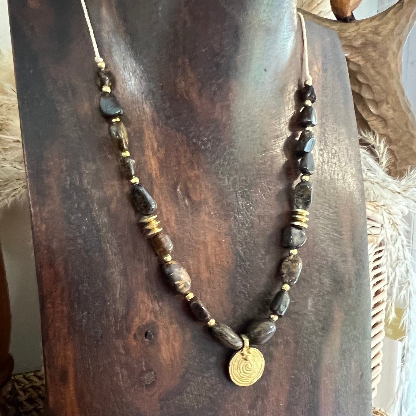 Bronzite with Brass charm Crystal Necklace