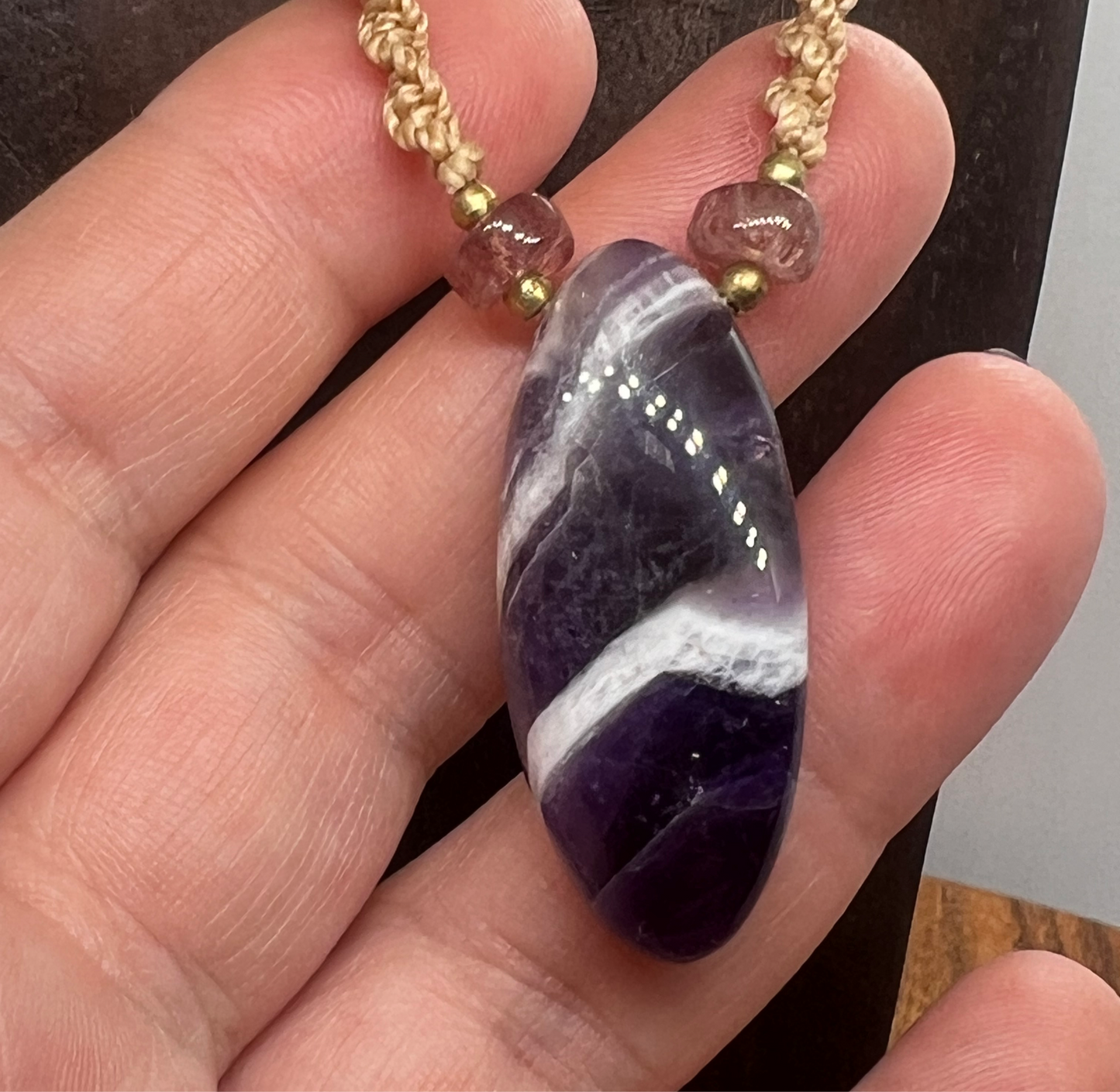 Amethyst with Strawberry Quartz Macrame Crystal Necklace
