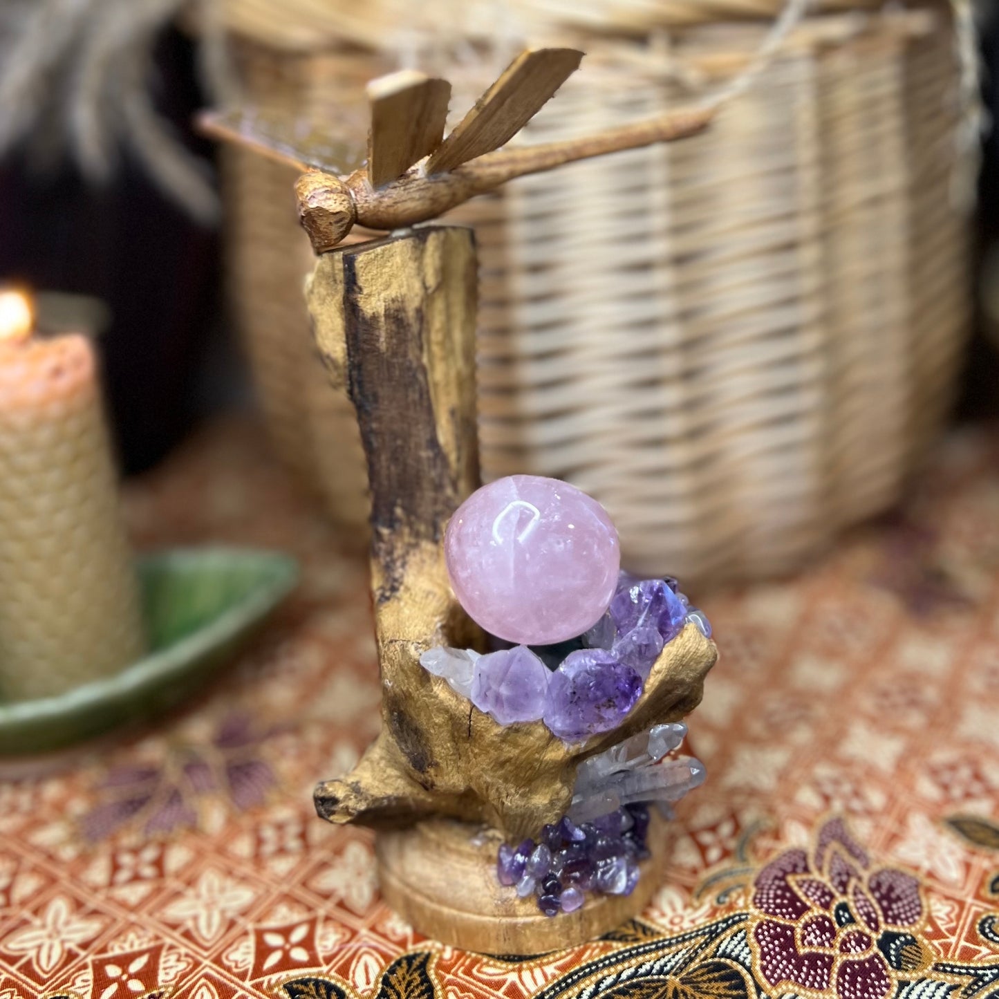 Bespoke Crystal & Natural Wood Golden Winged Dragonfly Display - Amethyst | Quartz | Rose Quartz