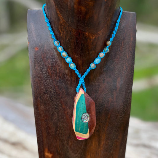 Handmade, unique recycled skateboard pendant with embedded Paua Shell & Quartz Doublet on an adjustable macrame necklace cord woven with Chalcedony beading